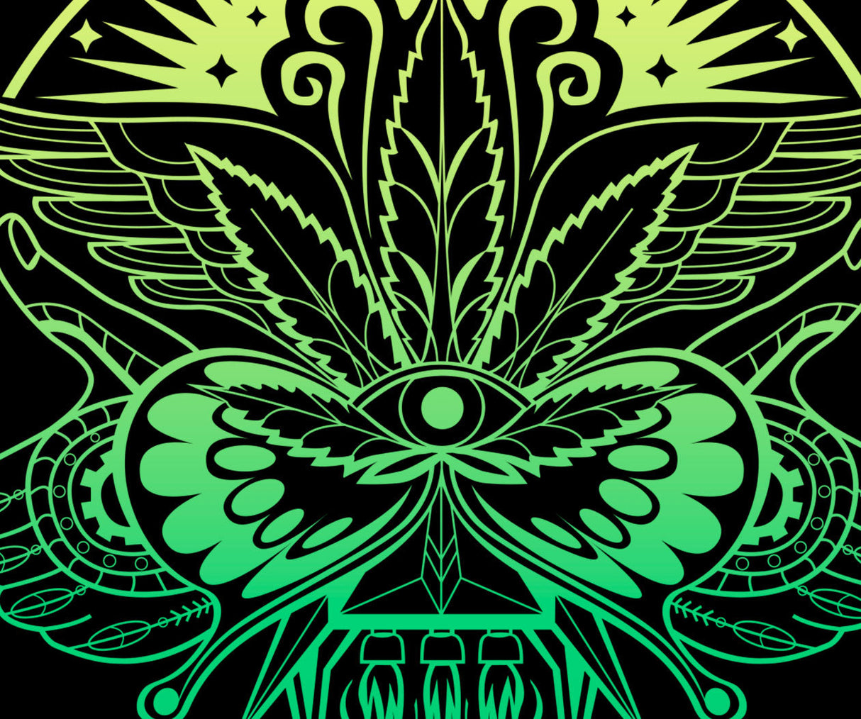 StonerDays Mandala 222 T-Shirt design close-up featuring intricate green and teal cannabis-themed mandala