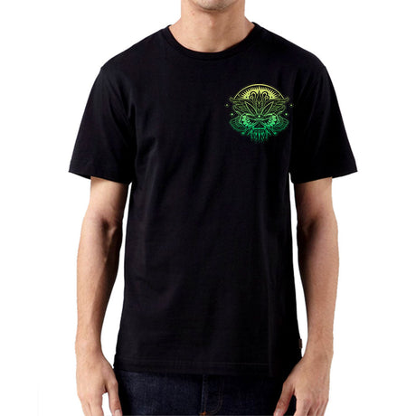StonerDays Mandala 222 t-shirt in black with green mandala design, front view on a male model