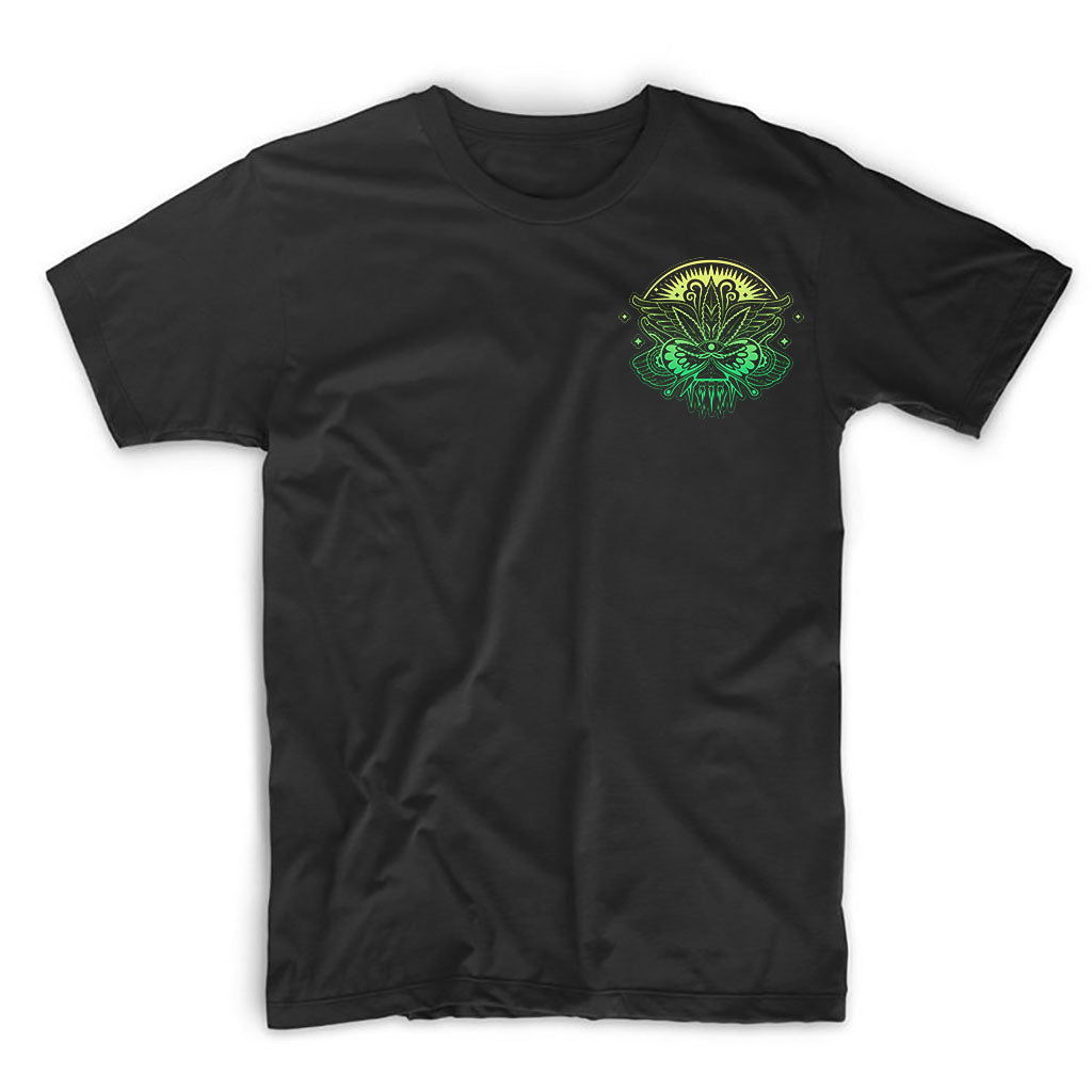 StonerDays Mandala 222 T-Shirt in Black with Green Mandala Design, Front View, Cotton, Size Options