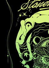 StonerDays Mandala 222 t-shirt in teal with intricate green mandala design, close-up view
