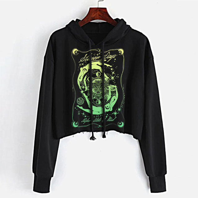 StonerDays Mandala 222 Crop Top Hoodie in black with green mandala design, front view on hanger