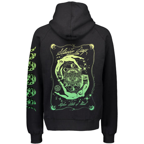 StonerDays Mandala 222 Hoodie in black, featuring intricate green mandala design, rear view