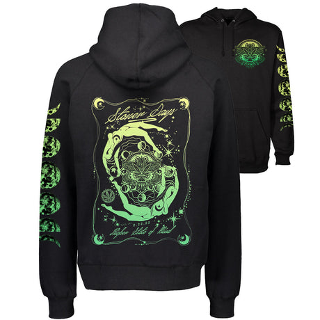 StonerDays Mandala 222 Hoodie in black with intricate green mandala design, available in sizes S-XXXL