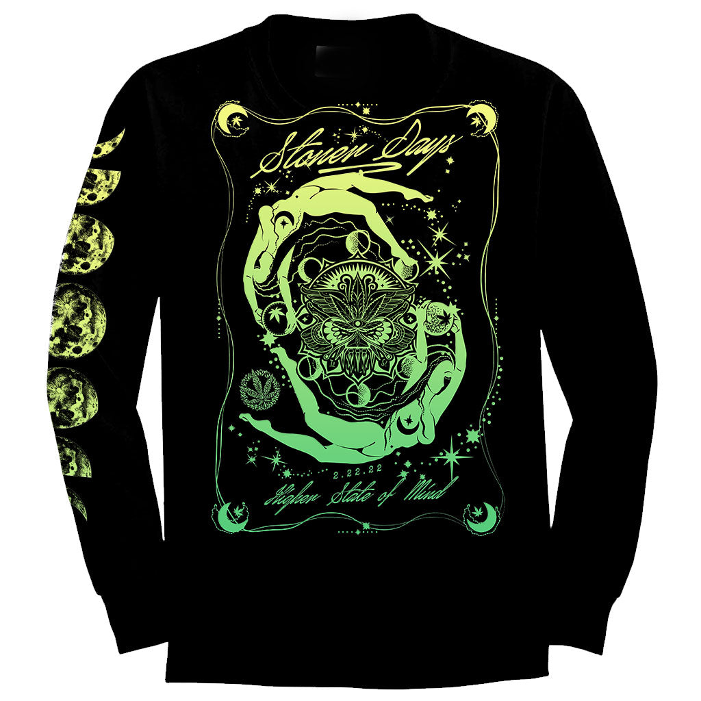 StonerDays Mandala 222 Long Sleeve in black with intricate green mandala design, front view