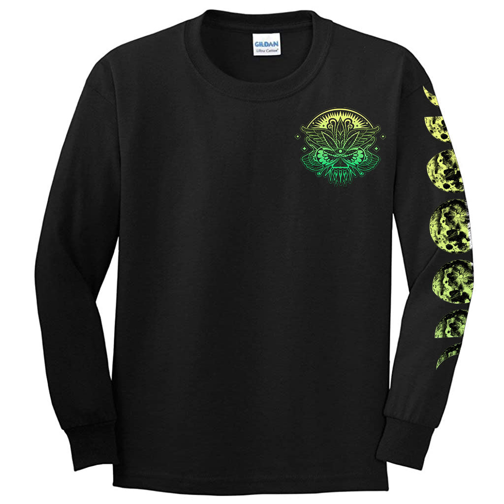 StonerDays Mandala 222 Long Sleeve in Black with Green Mandala Design, Front View