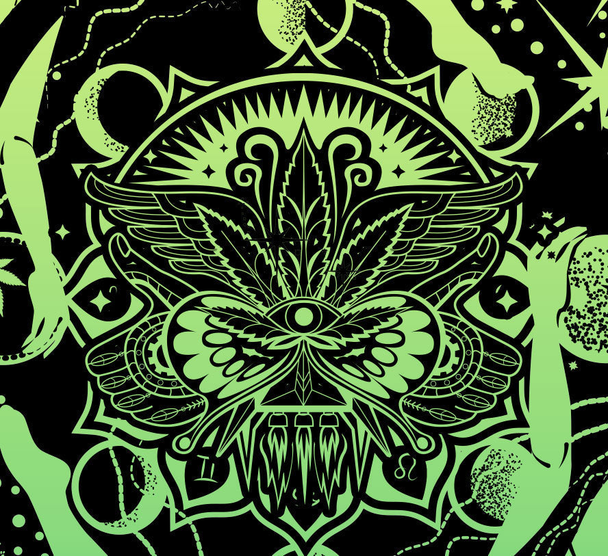 StonerDays Mandala 222 Long Sleeve in Teal with Intricate Green Mandala Design, Close-up View