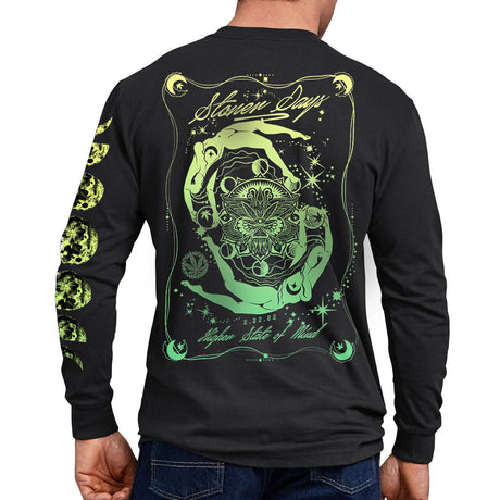 StonerDays Mandala 222 Long Sleeve Shirt in Black with Green Mandala Design, Rear View