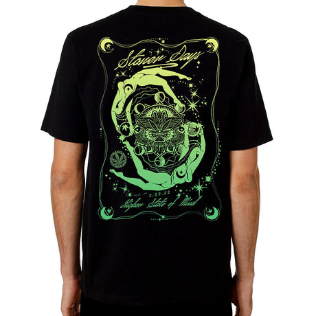 StonerDays Mandala 222 t-shirt in black with green mandala design, rear view on white background