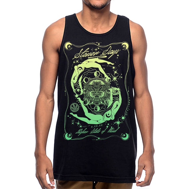 Front view of StonerDays Mandala 222 Tank in black with intricate green mandala design, available in S to XXXL.