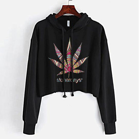 StonerDays Mandala Crop Top Hoodie with colorful leaf design, front view on white background