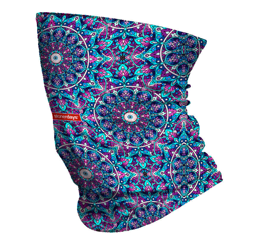 StonerDays Mandala Eye Pattern Neck Gaiter in vibrant UV reactive colors, made of polyester, front view