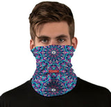 StonerDays Mandala Eye Neck Gaiter in vibrant UV reactive colors, front view on model