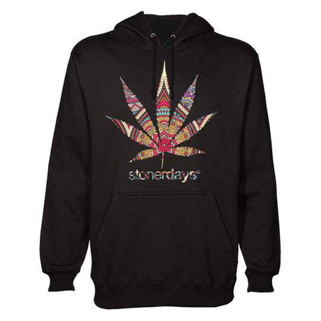 StonerDays Mandala Hoodie in black with colorful cannabis leaf design, front view on white background