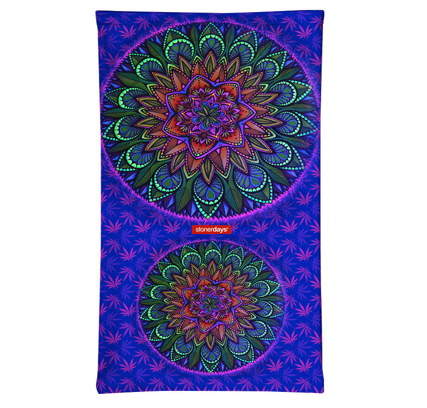 StonerDays Mandala Og Purps Neck Gaiter with vibrant UV reactive design, front view on white background