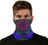 StonerDays Mandala Og Purps Neck Gaiter featuring UV reactive polyester material, front view on model