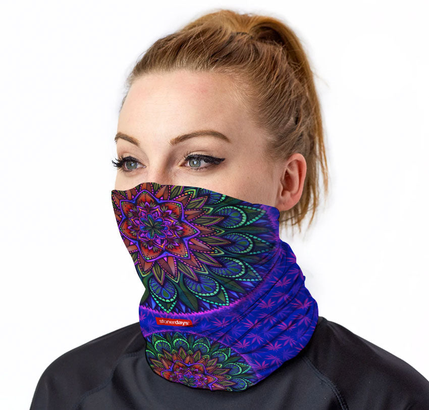 Woman wearing StonerDays Mandala Og Purps Neck Gaiter with UV reactive design