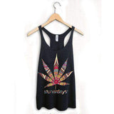 StonerDays Mandala Racerback tank top in black, cotton blend fabric, hanging on wooden hanger