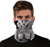 StonerDays Marilyn Uncensored Neck Gaiter featuring a bold design, front view on model, made from polyester