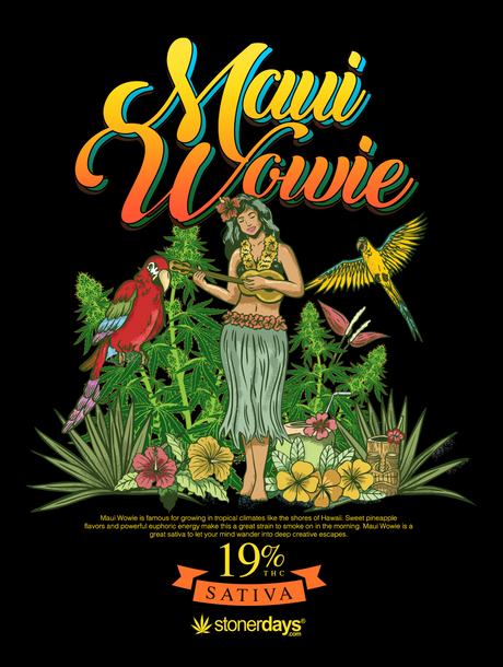 StonerDays Maui Wowie Racerback Tank Top featuring colorful tropical design, front view on black background.