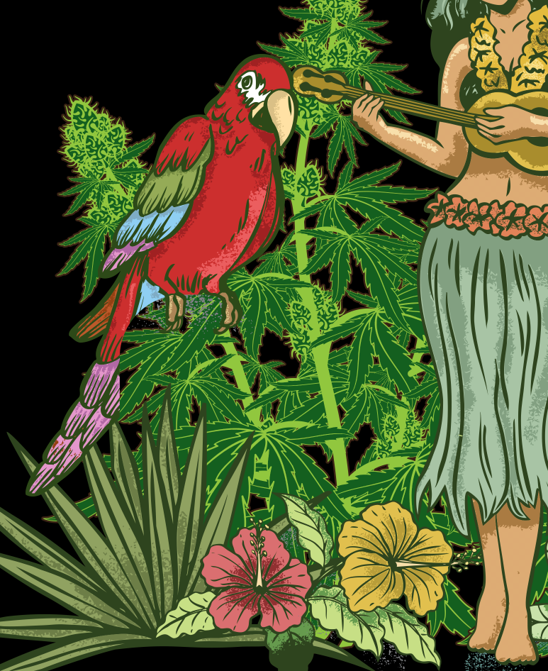 StonerDays Maui Wowie Racerback featuring tropical design with parrot and cannabis, made of cotton blend