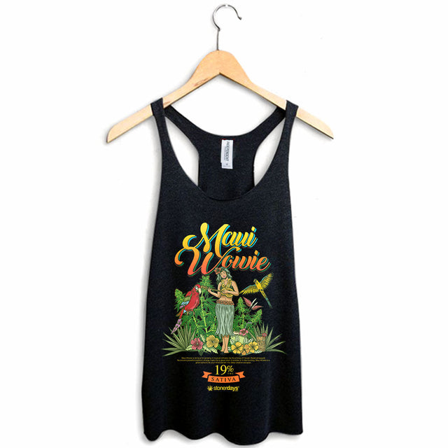 StonerDays Maui Wowie Racerback tank top for women, black cotton blend, front view on hanger