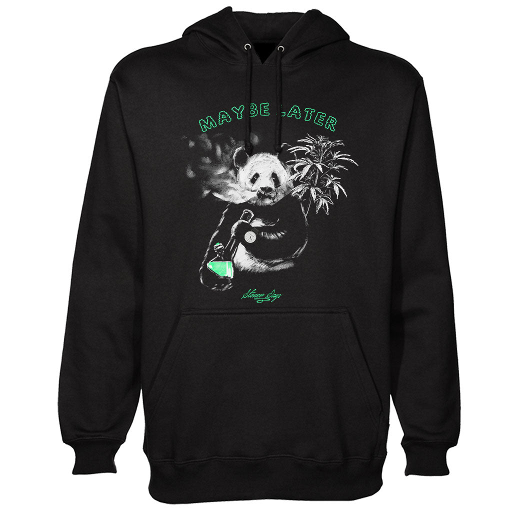 StonerDays Maybe Later Panda Hoodie in black, featuring a relaxed panda graphic, front view, sizes S-XXL