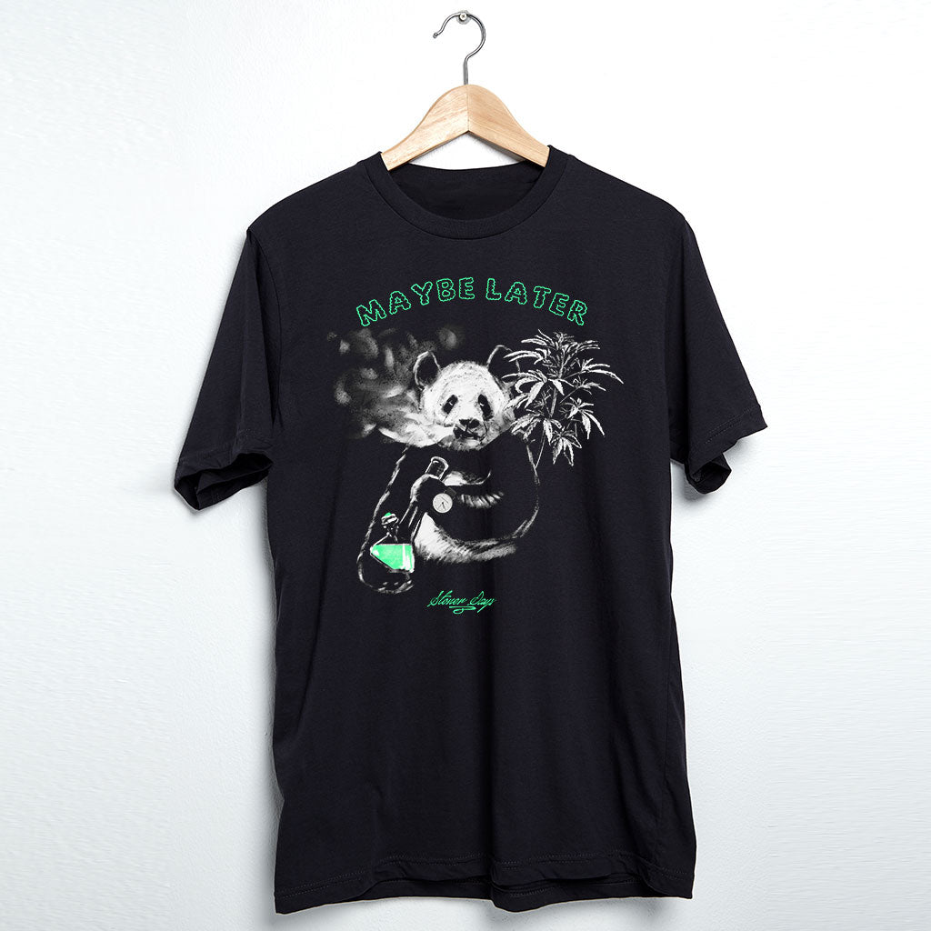 StonerDays Maybe Later Panda T-Shirt in black, front view on hanger, sizes S-3XL