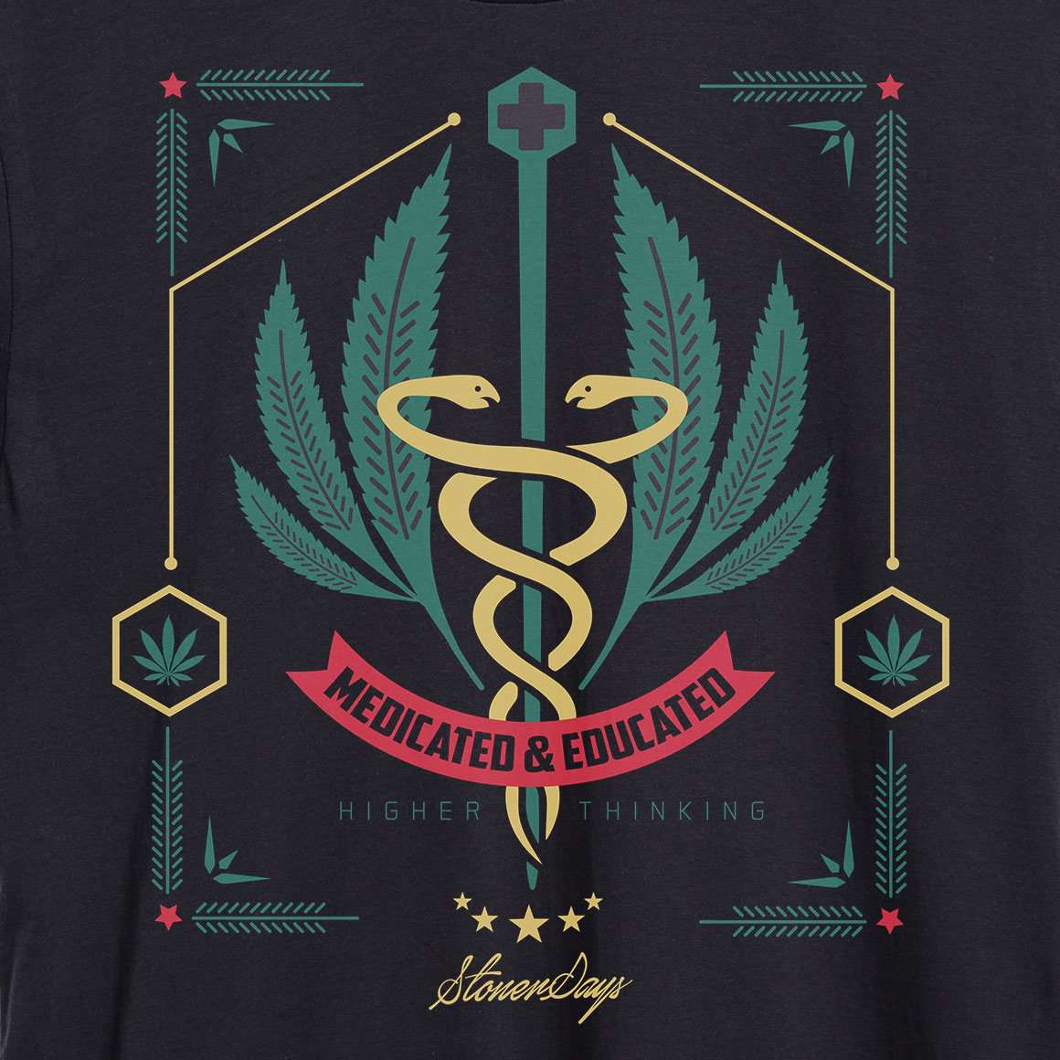 StonerDays Medicated Educated Hemp Tee in green, unisex, front view on seamless black background