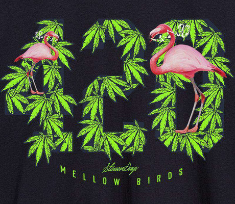 StonerDays Mellow Birds Women's Racerback in Pink with Tropical Cannabis Leaf Design