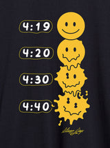 StonerDays Melted Faces Hemp Tee close-up, featuring melting smiley faces and times 4:19 to 4:40.