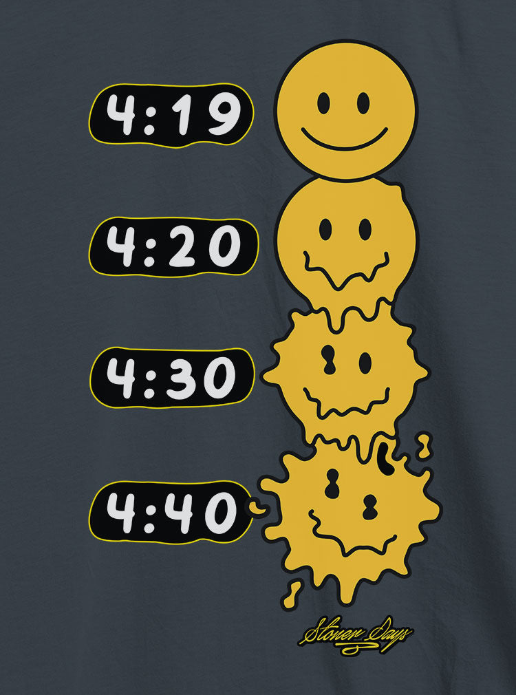 StonerDays Melted Faces Hemp Tee in dark color with unique melting smiley design