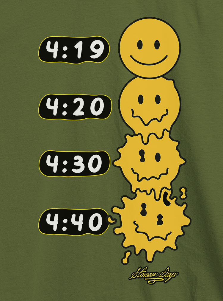 StonerDays Melted Faces Hemp Tee in olive green with melting smiley graphics