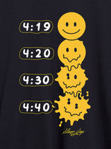 StonerDays Melted Faces Hoodie close-up, featuring melting smiley faces and time stamps