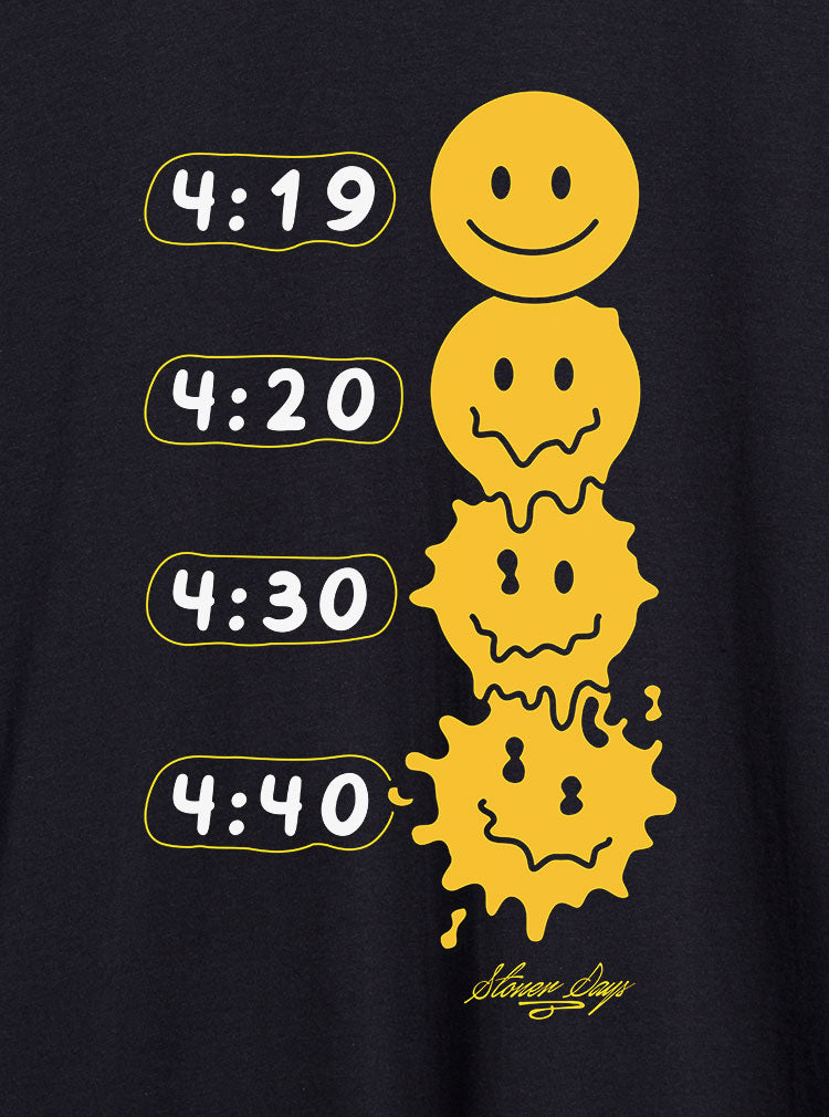 StonerDays Melted Faces Long Sleeve shirt close-up, featuring melting smiley graphics