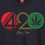 Close-up of StonerDays Men's 420 Rasta Tee with vibrant red, yellow, and green design on black cotton