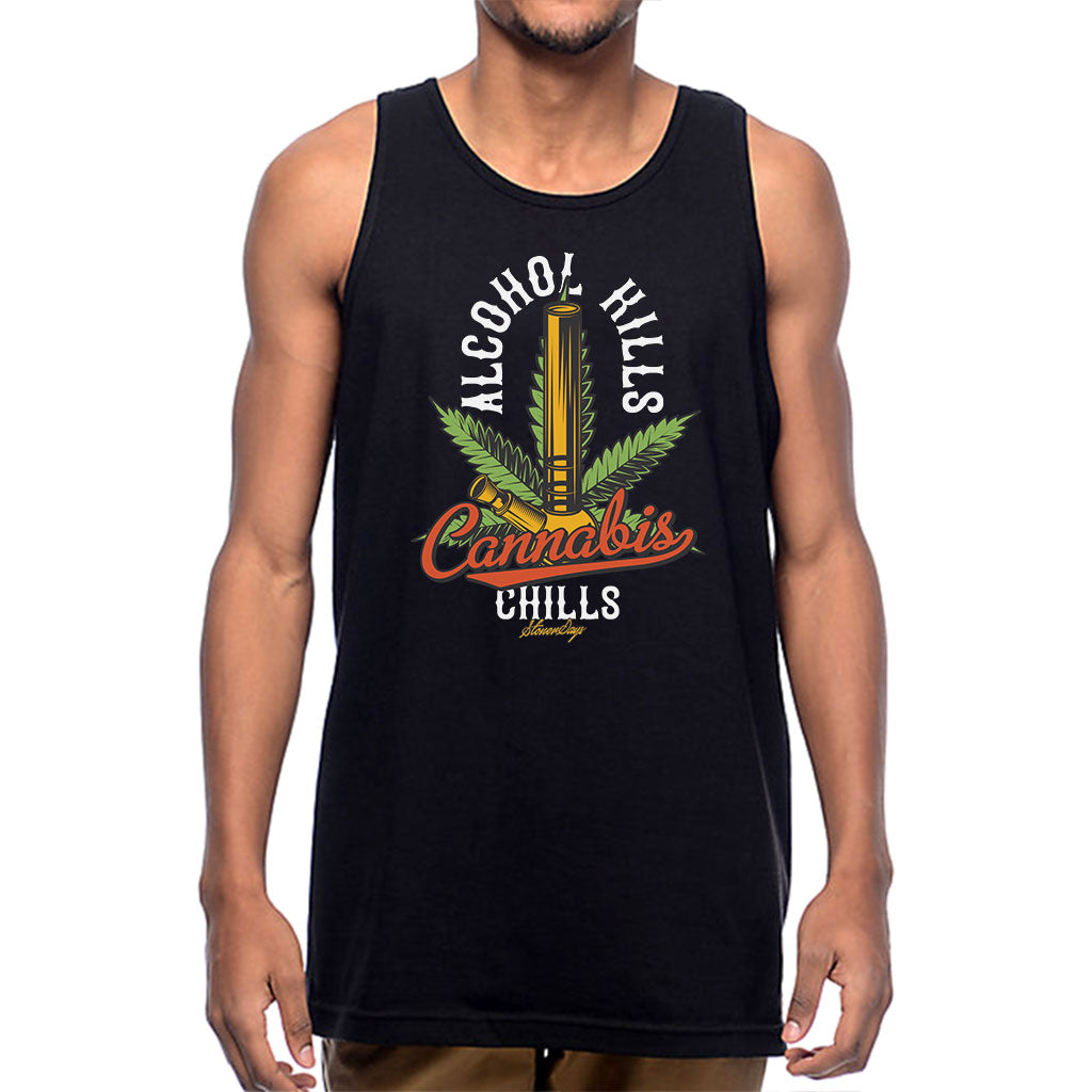 StonerDays Men's Tank in Black with 'Alcohol Kills Cannabis Chills' Graphic, Front View