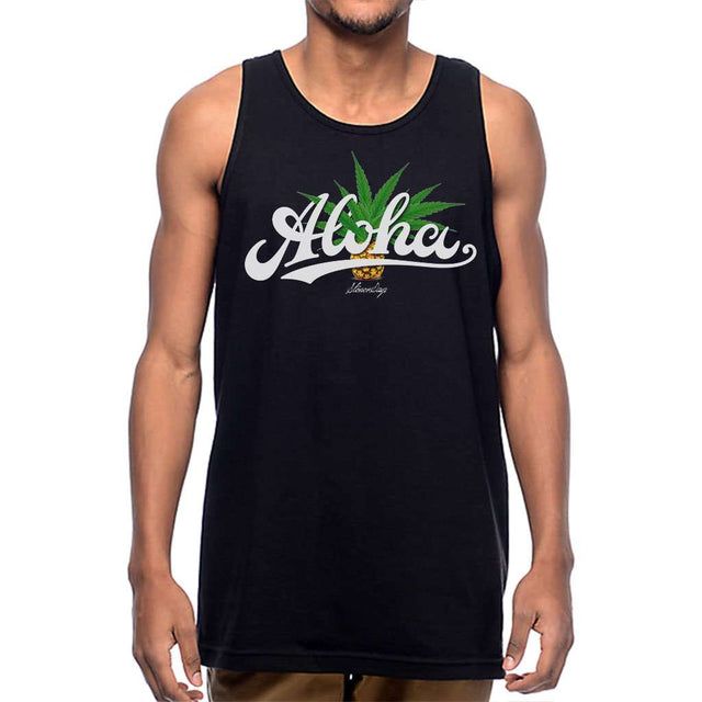 StonerDays Men's Aloha Tank Top in black cotton, front view on model, sizes S to 3XL