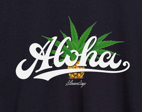 StonerDays Men's Aloha Tee close-up view showcasing vibrant cannabis leaf design