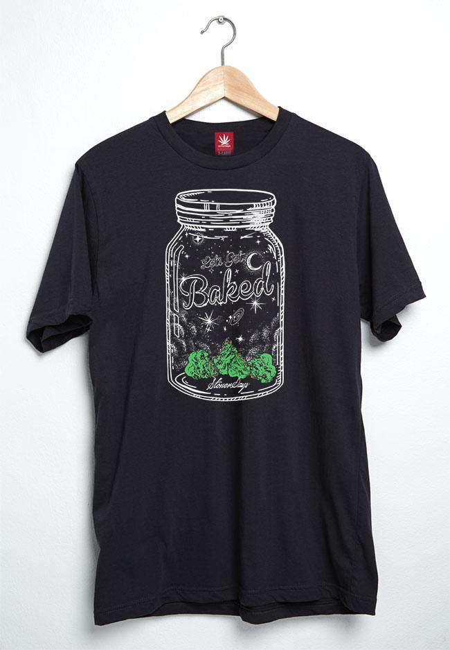 StonerDays Men's Baked Mason Jar Tee in black, front view on hanger, cotton shirt with graphic print