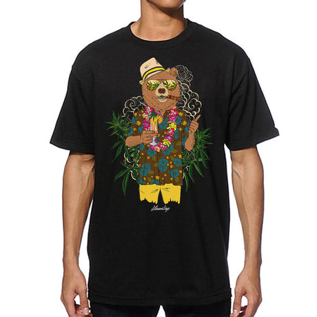 StonerDays Men's Tee featuring Bear On Vacation graphic, front view on model, sizes S to XXXL
