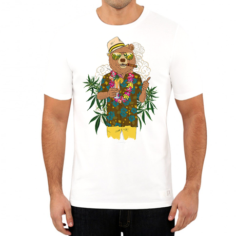 StonerDays Men's Bear On Vacation Tee in White, front view on model, sizes S to 3XL