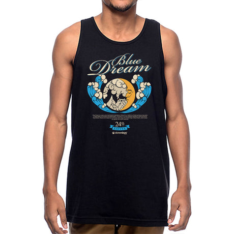StonerDays Men's Blue Dream Tank in black, front view, featuring bold graphic design, made of cotton, ideal for casual wear.