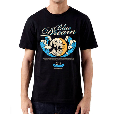 StonerDays Men's Blue Dream Tee front view on model, black cotton shirt with blue and white graphic
