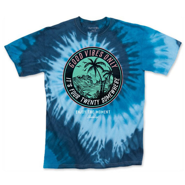 StonerDays Men's Blue Tie Dye Tee with 'It's 420 Somewhere' Graphic, Front View