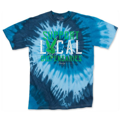 StonerDays Men's Blue Tie Dye Tee with Support Local Dispensaries Graphic, Front View