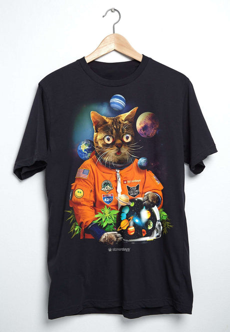 StonerDays Men's Catstronaut Tee in black, front view, featuring a cosmic cat in an astronaut suit design