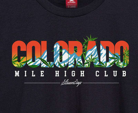 StonerDays Men's Colorado Mile High Tee close-up on cannabis-themed graphic design