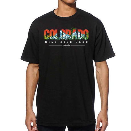 StonerDays Men's Colorado Mile High Tee in black, front view on model, available in multiple sizes
