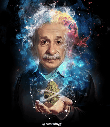 StonerDays Men's Einstein Tee with cosmic design and vibrant colors, front view on black