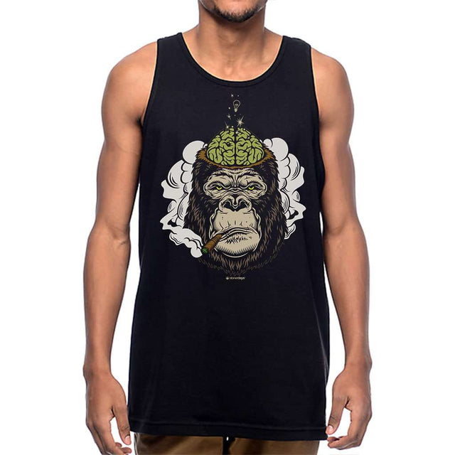 StonerDays Men's Enlightened Gorilla Tank Top in black, front view, sizes S to XXXL